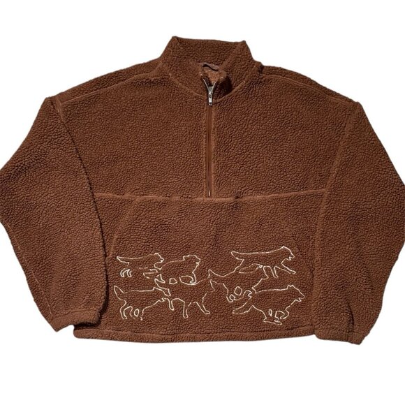 Urban Outfitters BDG Wolf Embroidered Fleece Quarter Jacket Pullover Size Medium - Picture 1 of 8